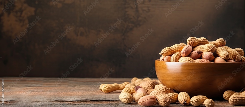 Poster an up-close view of a bowl filled with peanuts resting on a wooden table surface. with copy space im