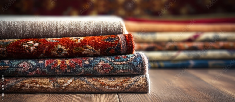 Aufkleber Colorful rugs stacked on a wooden floor, showcasing various textures and patterns. with copy space image. Place for adding text or design