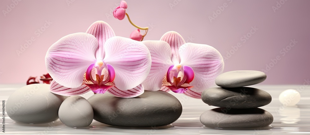 Leinwandbilder Arrangement of three orchids and three stones placed neatly on a flat surface. with copy space image. Place for adding text or design