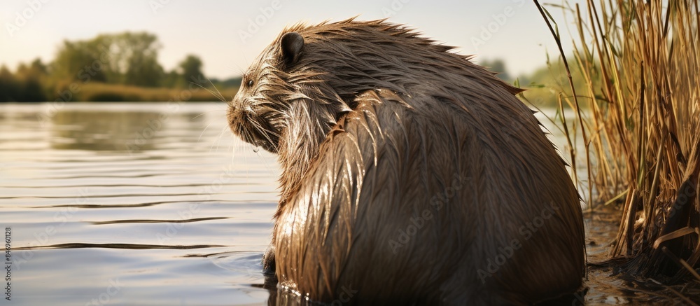 Poster Beaver peacefully seated in the water, showcasing a rear view of a nutria with its distinctive head and long bald tail visible. with copy space image. Place for adding text or design
