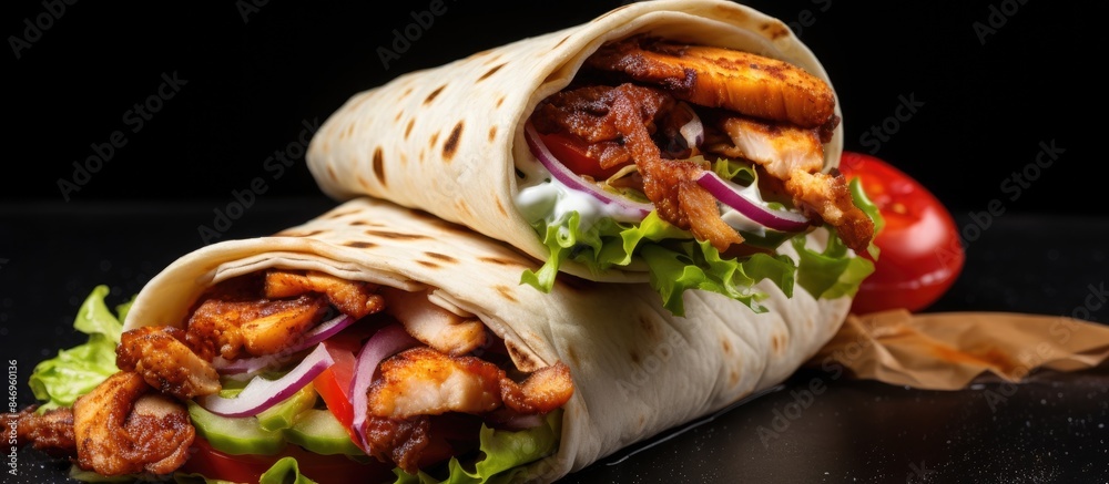 Fototapete A detailed view of a delicious Turkish wrap filled with chicken doner meat and fresh vegetables on a table. with copy space image. Place for adding text or design