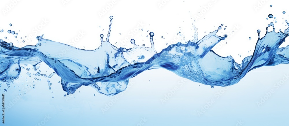 Poster Water splashes creating ripples on a vibrant blue surface. with copy space image. Place for adding text or design