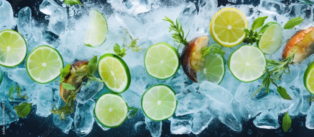 Aufkleber Fresh limes and lime slices arranged on a bed of ice, creating a refreshing and vibrant display. with copy space image. Place for adding text or design