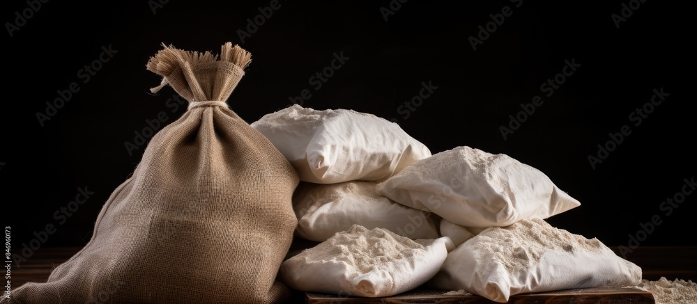 Leinwandbilder bag of flour and loose flour spread on a wooden table, essential for baking and cooking. with copy s