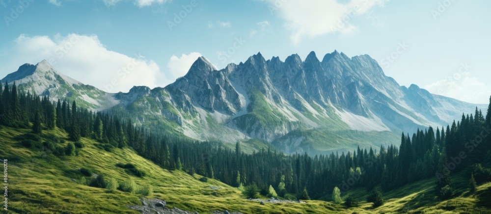 Aufkleber A majestic mountain peak surrounded by dense green coniferous trees creating a picturesque scene. with copy space image. Place for adding text or design