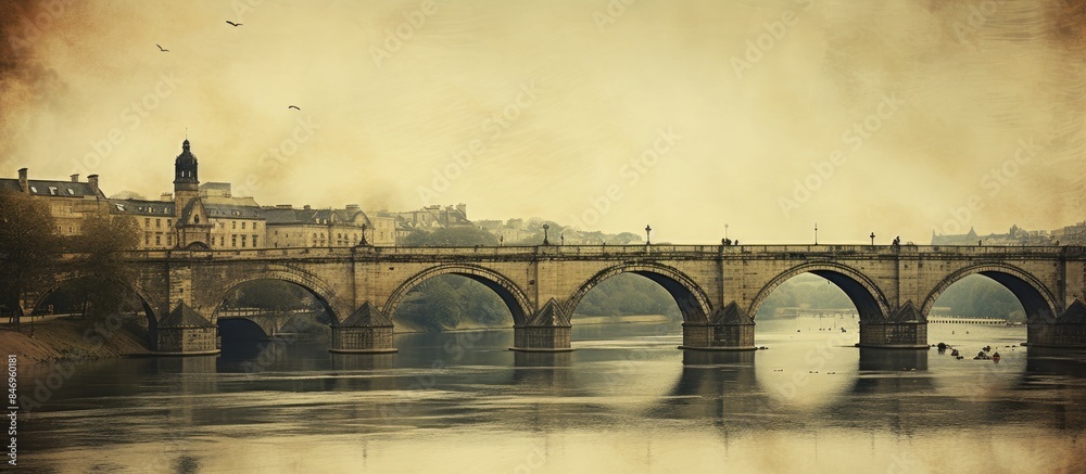 Poster Historic bridge over a river featuring a quaint clock tower in an ancient town with aged paper texture. with copy space image. Place for adding text or design