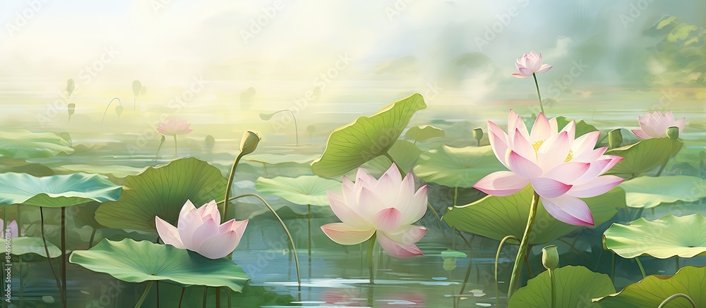 Poster blooming lotus flowers in a serene pond surrounded by mist and gentle sunbeams. with copy space imag