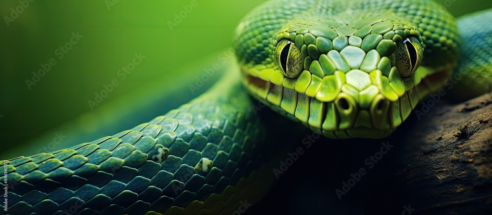 Poster a close-up of a vibrant green serpent sticking out its long tongue, capturing a striking moment in n