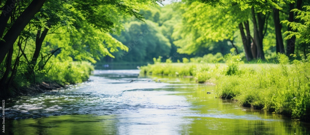 Leinwandbilder stream meandering through a dense forest with vibrant green foliage in a picturesque setting. with c
