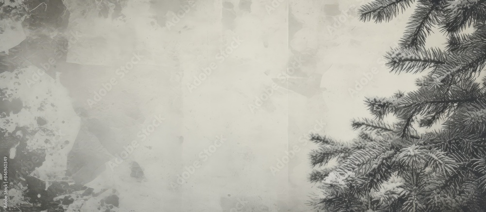 Poster Monochrome photo featuring a snowboard leaned against a tree in a winter landscape. with copy space image. Place for adding text or design