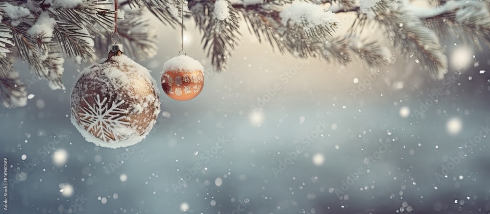 Poster winter landscape with snow-covered tree adorned by vintage ornaments hanging delicately. with copy s