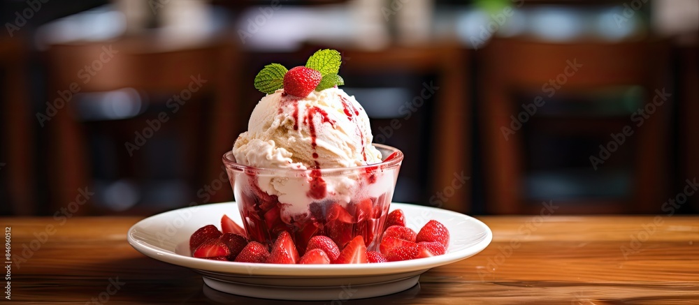 Leinwandbilder giraffe-patterned ice cream served with fresh strawberries and garnished with mint leaves. with copy