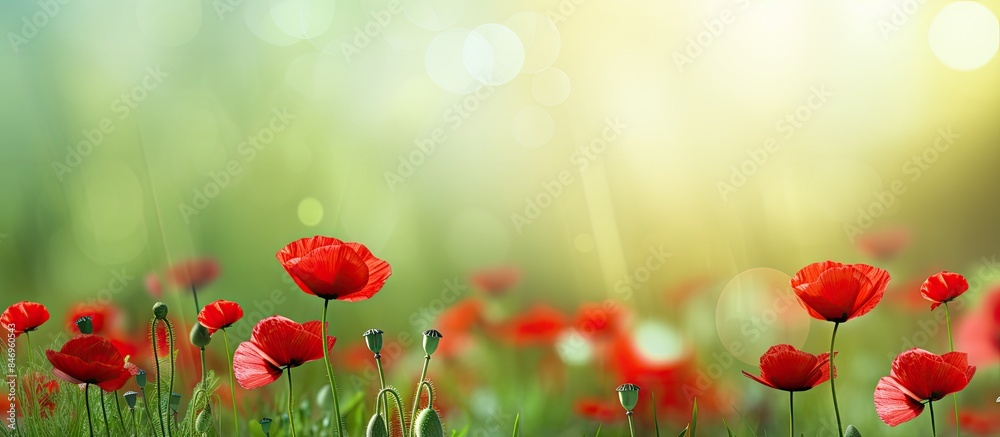 Poster Lush green grass field filled with vibrant red blooming flowers under the spring sun. with copy space image. Place for adding text or design