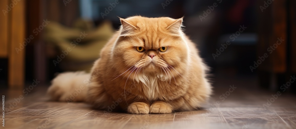 Aufkleber Large red feline with thick fur seated on ground, gazing directly at the viewer. with copy space image. Place for adding text or design