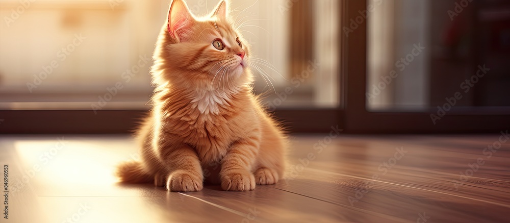 Leinwandbilder Tiny feline with orange fur sitting on the ground and looking upwards attentively. with copy space image. Place for adding text or design