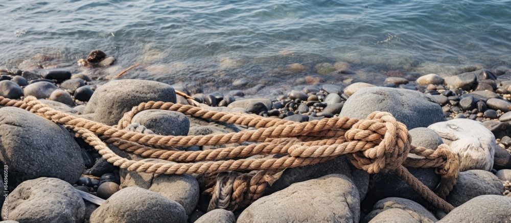 Aufkleber worn marine rope lies on pebble beach by water under sunny sky in summer day, viewed from top. with 