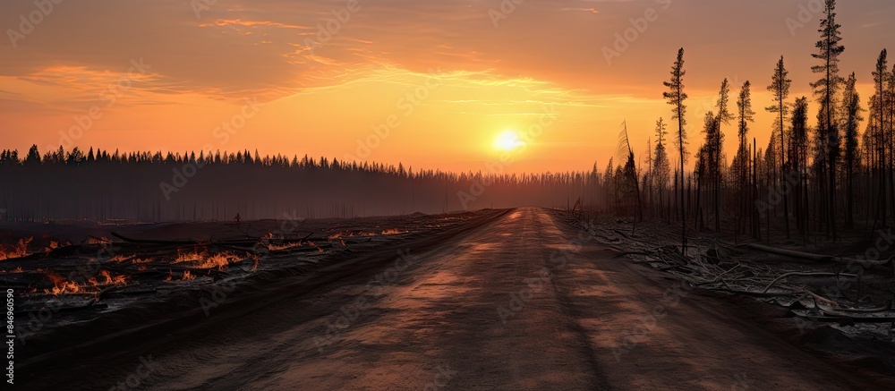 Poster Truck with tire driving on dirt path near fiery scene in forest. with copy space image. Place for adding text or design