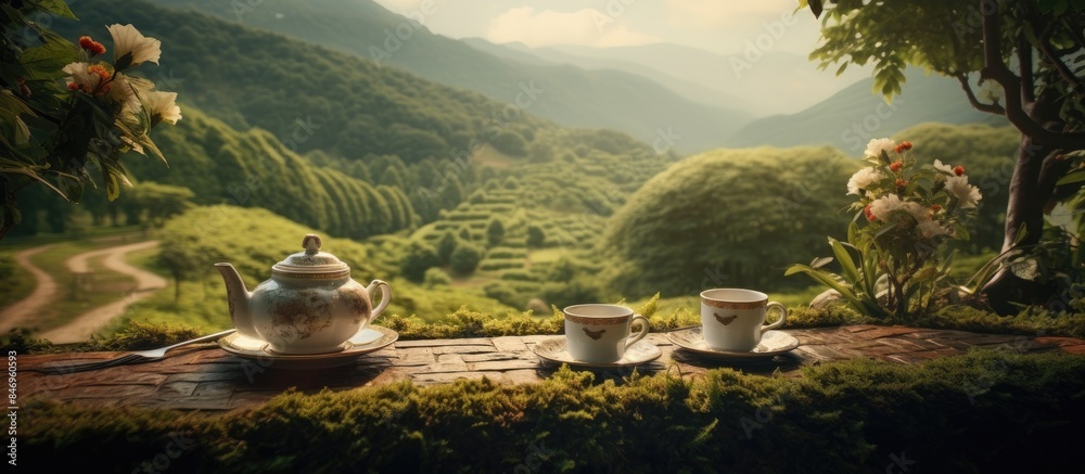 Aufkleber Table set with two cups of tea against a backdrop of majestic mountains, ideal for tea lovers seeking a scenic retreat. with copy space image. Place for adding text or design