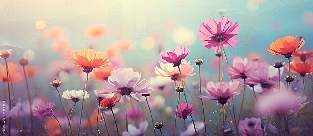 Poster colorful and enchanting flowers blossom vibrantly in a picturesque field, set against a serene blue 