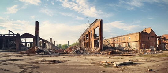 An old sugar mill in ruins, with collapsed walls and demolished industrial buildings of a sugar refinery. with copy space image. Place for adding text or design
