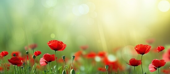 Fototapeta premium Lush green grass field filled with vibrant red blooming flowers under the spring sun. with copy space image. Place for adding text or design