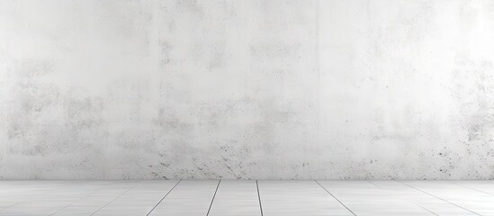 Close-up view of a white tiled floor and wall. Seamless texture of a white cement wall and rough concrete floor for retro and construction concept. with copy space image