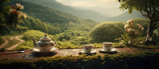 Table set with two cups of tea against a backdrop of majestic mountains, ideal for tea lovers seeking a scenic retreat. with copy space image. Place for adding text or design