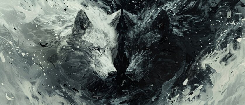 Dual wolves in Yin and Yang theme, black and white, paint splatter effect, digital painting 8K , high-resolution, ultra HD,up32K HD