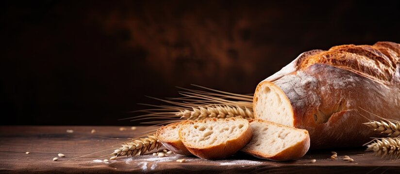 Close-up of a loaf of bread with a piece of bread on a table. Sliced artisan baguette bread on wooden coaster and rustic background. Sourdough bread. with copy space image