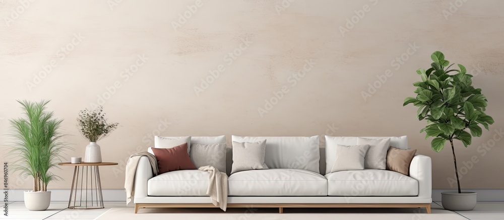 Fototapete white couch adorned with pillows, accompanied by a leafy plant, creating a cozy living space. with c