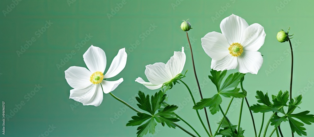Leinwandbilder three delicate white flowers elegantly arranged in a simple vase resting on a table. with copy space