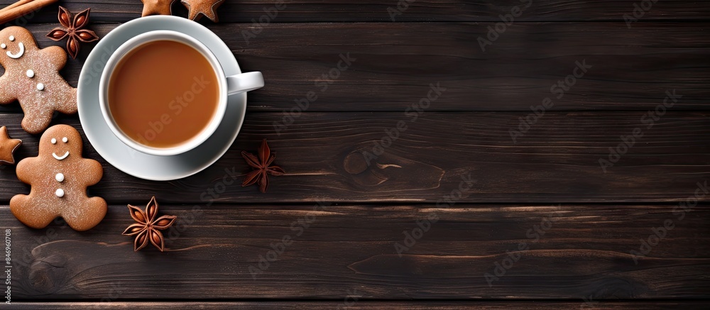 Aufkleber Gingerbread man cookies displayed on a plate with a side of coffee on a wooden table, ideal for children. with copy space image. Place for adding text or design