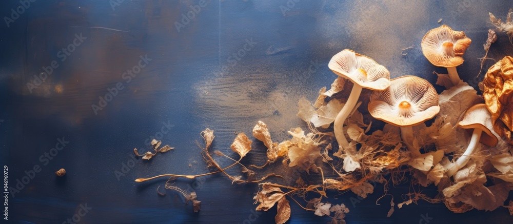 Poster Assorted mushrooms growing naturally on the earthy ground in a forest setting. with copy space image. Place for adding text or design