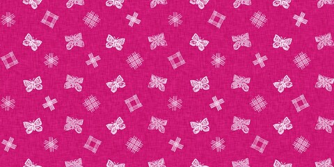 Modern pretty buttefly summer abstract shape magenta pink color seamless border pattern with cloth fabric linen effect. Vibrant fresh childish design for drawn bug textile ribbon trim or washi tape