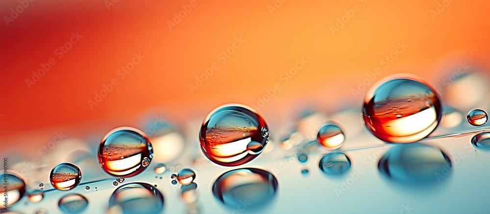 Aufkleber Close-up view of multiple water droplets scattered on a surface, emphasizing their macro details. with copy space image. Place for adding text or design