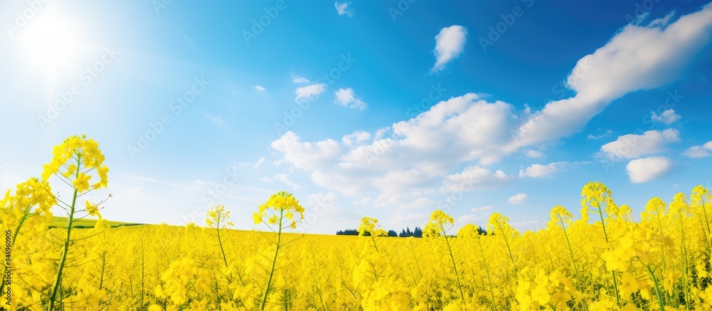 Poster vibrant yellow flowers cover the landscape underneath a bright blue sky adorned with fluffy clouds. 