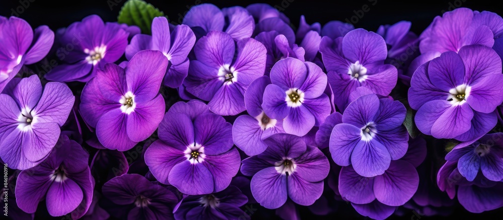 Poster purple primrose flowers arranged in a straight line against a dark backdrop. with copy space image. 