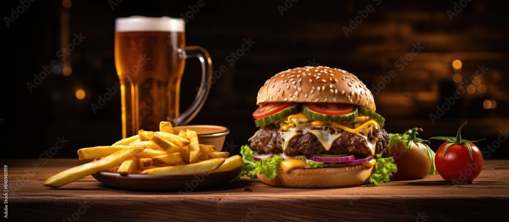 Aufkleber Close-up of a delicious cheeseburger with crispy fries and a refreshing beer placed on a table. with copy space image. Place for adding text or design