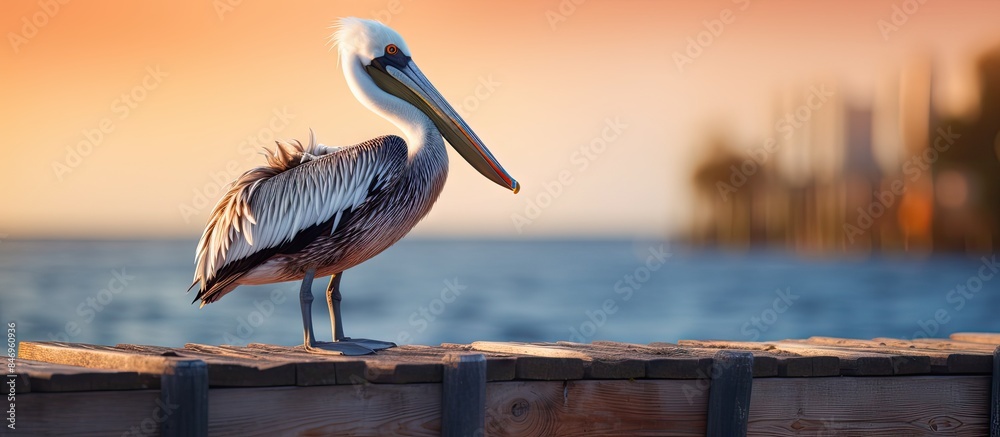 Aufkleber Large bird resting on a wood post overlooking the tranquil water. with copy space image. Place for adding text or design