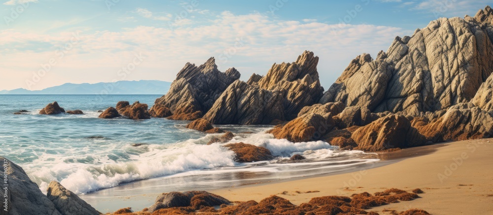 Poster Scenic seascapes with waves forcefully crashing against rugged rocks on the beach. with copy space image. Place for adding text or design