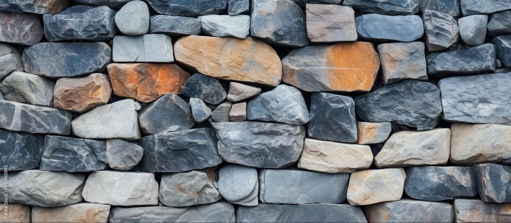 Aufkleber Close-up view of a rugged stone wall featuring an assortment of rocks and stones. with copy space image. Place for adding text or design
