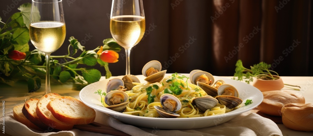 Fototapete seafood pasta in a bowl featuring steamed clams and a side of toasted bread. with copy space image. 