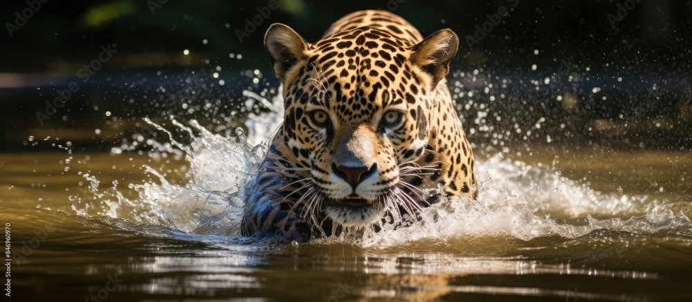 Poster Jaguar Panthera onca getting ready to leap into the water for a swim, showcasing its powerful grace and agility. with copy space image. Place for adding text or design