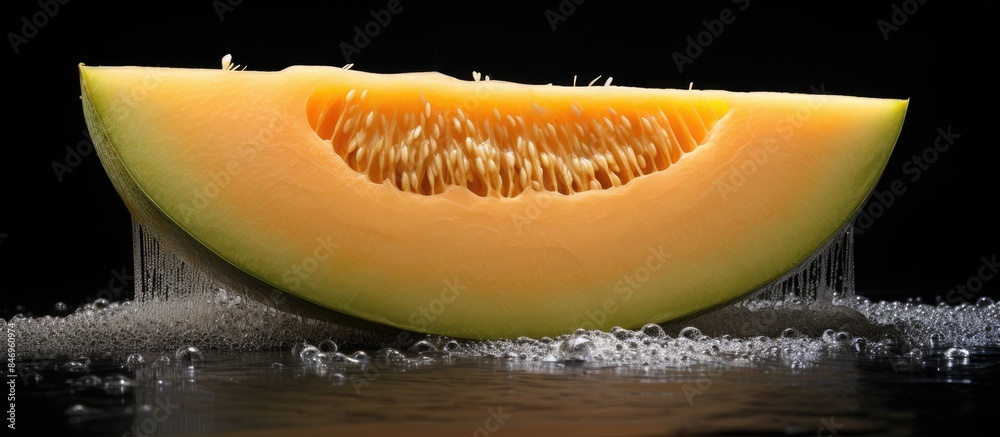 Poster fresh melon with a sliced half displayed on a table, commonly eaten as a fruit or used in fruit sala