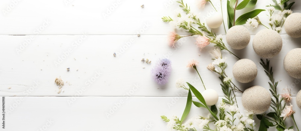 Fototapete Floral arrangement and eggs displayed on a clean white wooden surface with a backdrop of white. with copy space image. Place for adding text or design