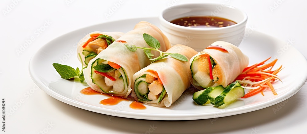 Leinwandbilder a plate is filled with a variety of delicious food items accompanied by a flavorful dipping sauce. w