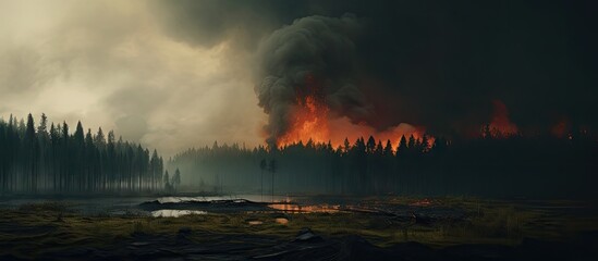 Fototapeta premium A vehicle with a large wheel traveling close to a burning fire in the forest. with copy space image. Place for adding text or design