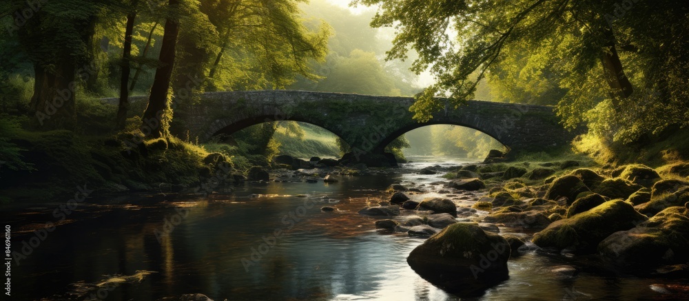 Poster Wooden bridge stretching across a serene stream in a lush forest with moss-covered rocks. with copy space image. Place for adding text or design