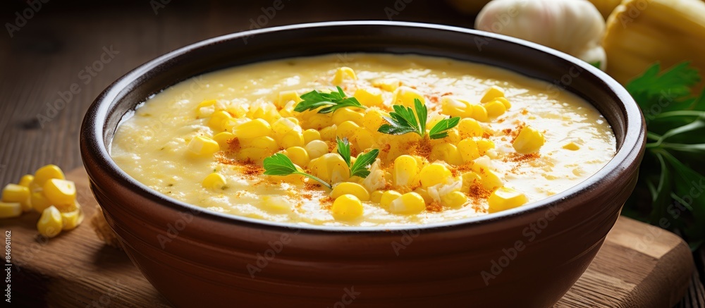 Leinwandbilder Delicious creamed corn soup topped with fresh garlic and parsley served on a rustic wooden board. with copy space image. Place for adding text or design