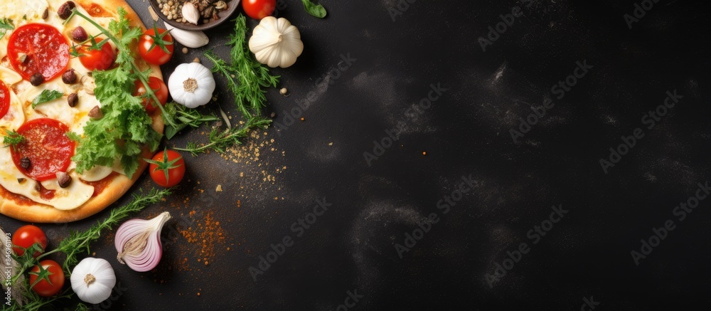 Poster fresh ingredients like tomatoes, mushrooms, and herbs beautifully top a homemade pizza on a dark sto